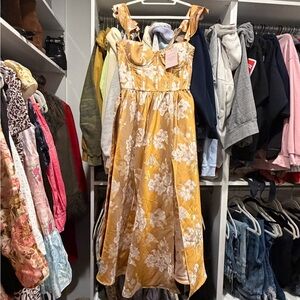 V Chapman Floral Ruffle-Strap Dress in Mustard Yellow